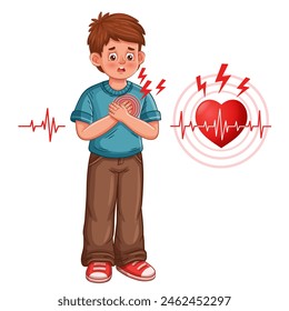 Heartache, heart attack, chest pain, cardiovascular medical disease. Sick boy child suffering cardio hurt. Man feel heartbeat. Love relationship problems. Cardiac failure. Health care. Cartoon vector 