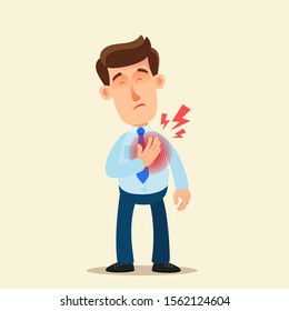 Heartache, heart attack. Man holding  hands on his chest, painful expression on face. Discomfort in chest, panting. Medical vector illustration, flat design cartoon style. Isolated background.