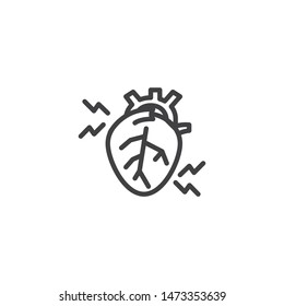 Heartache line icon. linear style sign for mobile concept and web design. Human heart pain outline vector icon. Arrhythmia symbol, logo illustration. Vector graphics