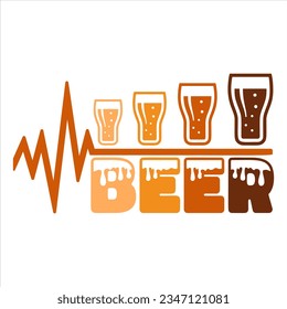 Heartbeat with beer mugs in cartoon style. Celebration of Beer Day and birthday vector funny tee shirt design.