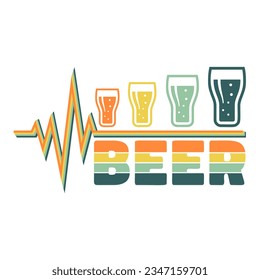 Heartbeat with beer mugs in retro style. Celebration of Beer Day and birthday vector funny tee shirt design.