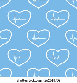 Heartbeat blue with white seamless pattern for web design. Vector symbol