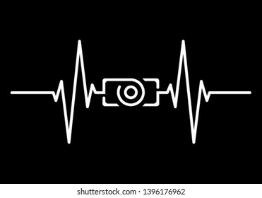 Heartbeat with Camera Shape Centered Line isolated on black  background