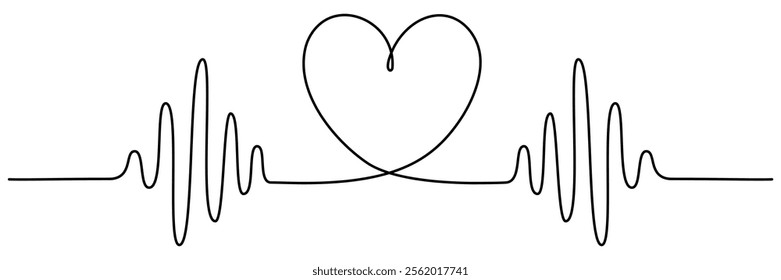 Heartbeat cardiogram continuous line drawing. Heart pulse and rhythm symbol. Healthcare concept. Vector illustration isolated on white.