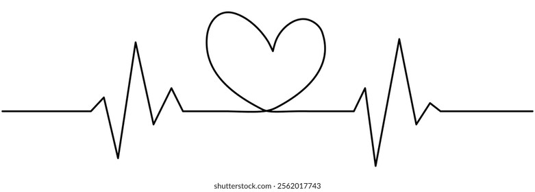 Heartbeat cardiogram continuous line drawing. Heart pulse and rhythm symbol. Healthcare concept. Vector illustration isolated on white.