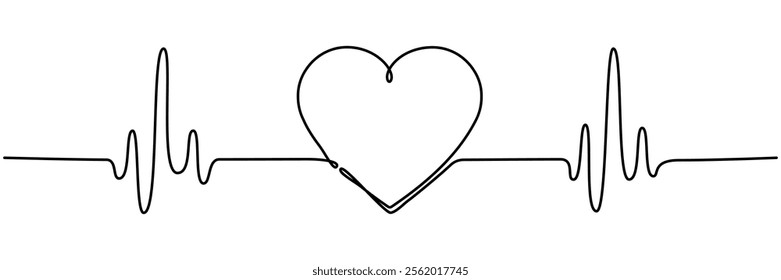 Heartbeat cardiogram continuous line drawing. Heart pulse and rhythm symbol. Healthcare concept. Vector illustration isolated on white.