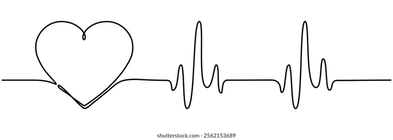 Heartbeat cardiogram continuous line drawing. Heart pulse and rhythm symbol. Healthcare concept. Vector illustration isolated on white.