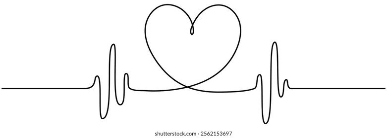 Heartbeat cardiogram continuous line drawing. Heart pulse and rhythm symbol. Healthcare concept. Vector illustration isolated on white.