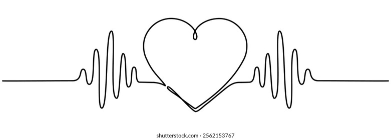 Heartbeat cardiogram continuous line drawing. Heart pulse and rhythm symbol. Healthcare concept. Vector illustration isolated on white.