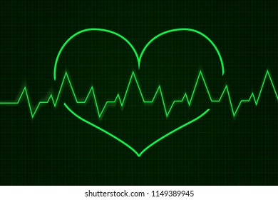 Heartbeat. Cardiogram graph. Green line in heart shape. Vector illustration
