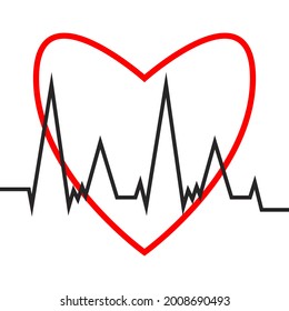 Heartbeat cardiogram. Heart and cardiogram icon. Flat outline style. Vector illustration of heart rate ECG. Identification of intracardiac conduction disorder. Good health logo, healthy pulse symbol.