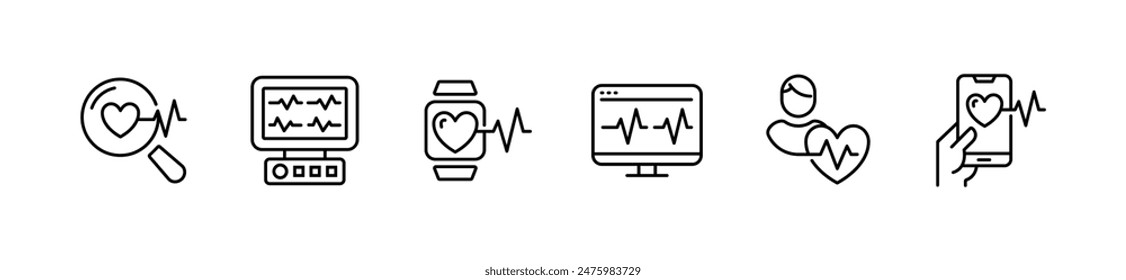 heartbeat cardiogram monitoring icon vector line set health care cardiology heart pulse diagnosis sign illustration