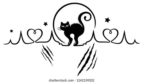 Heartbeat with cat, scratches full moon and stars. 