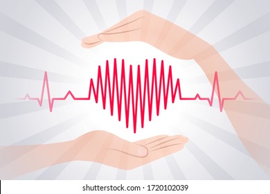 Heartbeat chart is shaped like heart symbol, hands are carefully protecting heart, shining is around. Care for health and cardiovascular system, concept of wellness, wellbeing, healthy lifestyle