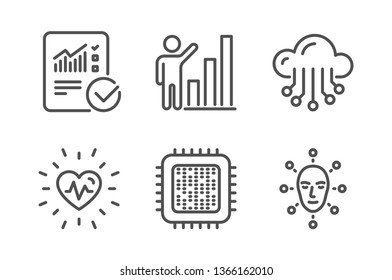 Heartbeat, Checked calculation and Graph chart icons simple set. Cpu processor, Cloud storage and Face biometrics signs. Medical heart, Statistical data. Science set. Line heartbeat icon. Vector