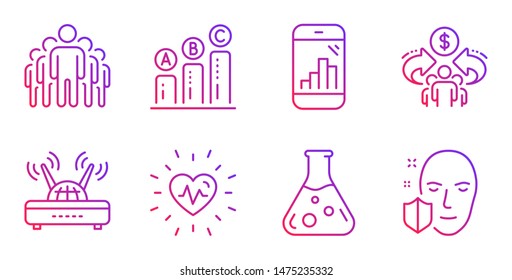 Heartbeat, Chemistry lab and Graph chart line icons set. Group, Graph phone and Sharing economy signs. Wifi, Face protection symbols. Medical heart, Laboratory. Science set. Vector