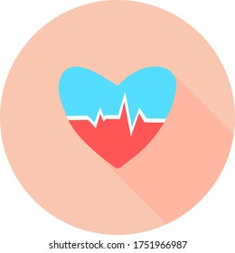Herzschlag im Kreis Symbol mit langen Schatten. Herzschlag. Kardiogramm. Schöne Gesundheitsversorgung, Medizin. Modernes, einfaches Design. Symbol, Zeichen oder Logo. Schlagimpuls-Symbol Herzpflegekardiologie. Weltherztag.