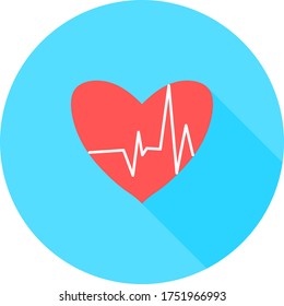 Heartbeat in circle icon with long shadows. Heart pulse. cardiogram. Beautiful healthcare, medical. Modern simple design. Icon, sign or logo. Beat pulse icon. Heart care cardiology. World heart day.
