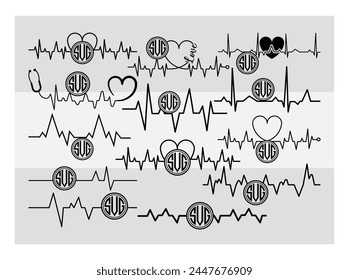 Heartbeat, Heartbeat Circle Monogram,  Healthcare, EKG, Science, Heart Rate, Heartbeat Silhouette, Vector, Monogram Eps,  svg