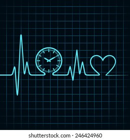 Heartbeat with a clock symbol in line stock vector