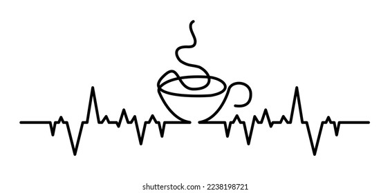 Heartbeat for it's coffee time or coffee o'clock. Flat vector design. Motivation, inspiration message moment concept. Vector quotes for banner. Coffee cup ot tea cup.