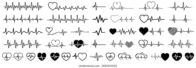 Heartbeat collection symbol, cardiogram wave set sign, continuous lines heart beats, heartbeat EKG, ECG, health monitoring, medical pulse, cardiology