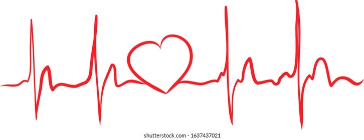Heartbeat continuous line with shape of heart drawn by hand in red color. Medical vector illustration. Heart pulse cardiogram, medical background. Digital painting doodle style in vector EPS 10