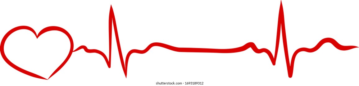 Heartbeat continuous line with shape of heart drawn by hand in red color. Medical vector illustration. Heart pulse cardiogram, medical background. Digital painting doodle style in vector EPS 10