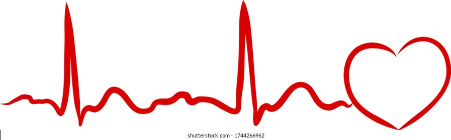 Heartbeat continuous line with shape of heart drawn by hand in red color. Medical vector illustration. Heart pulse cardiogram, medical background. Digital painting doodle style in vector EPS 10