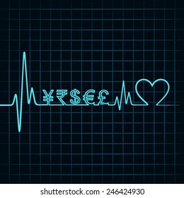 Heartbeat with a currency symbol in line stock vector