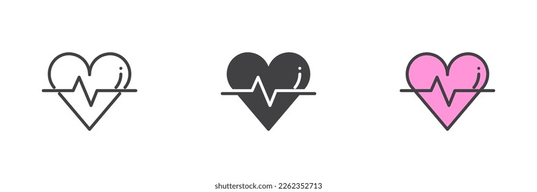 Heartbeat different style icon set. Line, glyph and filled outline colorful version, outline and filled vector sign. Heart cardiogram symbol, logo illustration. Vector graphics