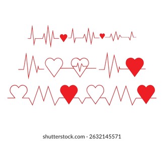 Heartbeat ECG Line with Heart Icons – Love and Medical Pulse Art Design, Vector Fully Editable File.