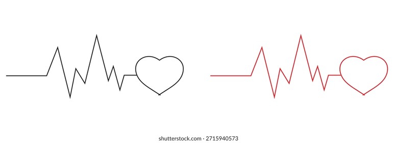Comparação de ícone de linha de ECG de pulsação. Ilustração mínima de linhas de ECG de batimento cardíaco vermelho e preto, representando o monitoramento da frequência cardíaca, o status de saúde médica e o conceito de atendimento de emergência.