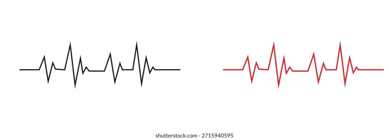Comparação de ícone de linha de ECG de pulsação. Ilustração mínima de linhas de ECG de batimento cardíaco vermelho e preto, representando o monitoramento da frequência cardíaca, o status de saúde médica e o conceito de atendimento de emergência.