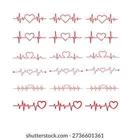 Heartbeat ECG Love Line Vector Set, Heart Pulse Medical Symbols, Cardiology Illustration