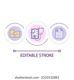 Icono de concepto de bucle de examen de latido. Cita de cardiólogo. Servicio médico para la ilustración de la delgada idea abstracta del paciente. Dibujo de contorno aislado. Trazo editable. Tipo de letra arial utilizado