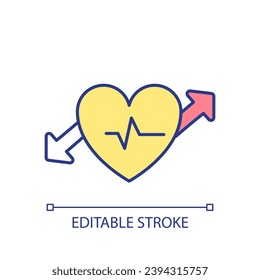 Icono de color RGB de exploración de latido. Prevenir la enfermedad del sistema cardiovascular. Comprobación periódica del ECG. Servicio de atención de la salud. Ilustración vectorial aislada. Dibujo de línea simple relleno. Trazo editable