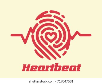 Heartbeat fingerprint logo with heart shape inside. Conceptual retro security logo or identification icon with line of cardiogram