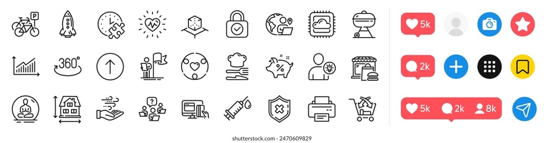Heartbeat, Food and Security lock line icons pack. Social media icons. Puzzle time, Cross sell, Outsource work web icon. Rocket, Wind energy, Teamwork question pictogram. Vector