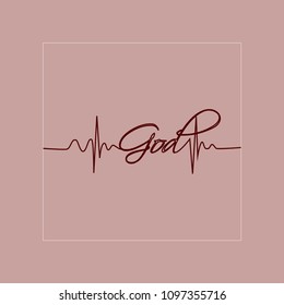 Heartbeat. God inscription. Pink vector background.