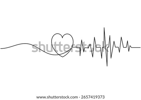 Heartbeat with heart continuous one line drawing on white background isolate outline vector illustration