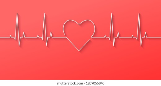 Heartbeat and heart rate line concept made in flat design on light red background. Vector illustration.