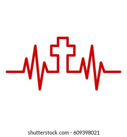 Heartbeat icon with Christian cross. Vector illustration. Heart rate with a Christian cross symbol