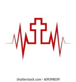 Heartbeat icon with Christian cross. Vector illustration. Heart rate with a Christian cross symbol