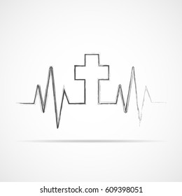 Heartbeat icon with Christian cross. Vector illustration. Heart rate with a Christian cross symbol