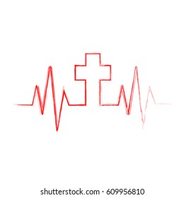 Heartbeat icon with Christian cross. Vector illustration. Heart rate with a Christian cross symbol