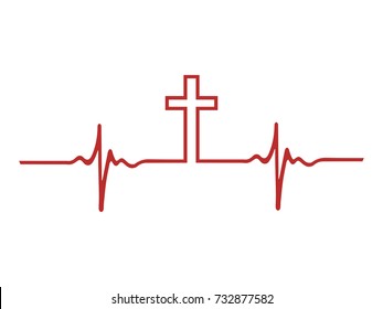 Heartbeat icon with Christian cross.Heart rate with a Christian cross symbol