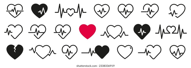 Heartbeat icon collection. Heart, pulse, heartbeat, cardiogram isolated icons