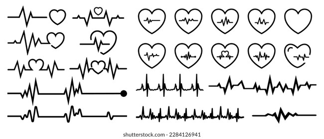 Heartbeat icon collection. Set of black cardiology pulse icons. Heartbeat icons in black