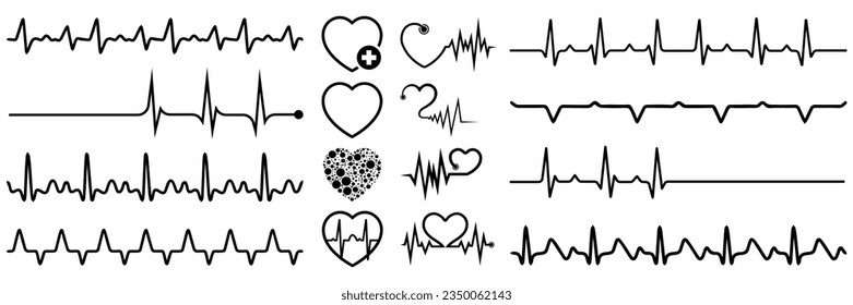 Heartbeat icon collection. Set of black cardiology pulse icons. Heartbeat icons in black. Medical heartbeat symbol collection